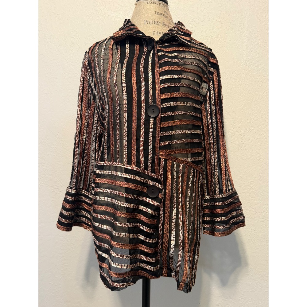 Chicos Travelers Sheer Mesh Jacket Animal Print Ribbon Applique Size 3 XL 16/18